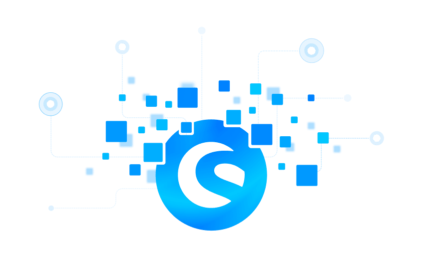 Das shopware Logo ist umgeben von blauen Quadrate und Verbindungslinien.