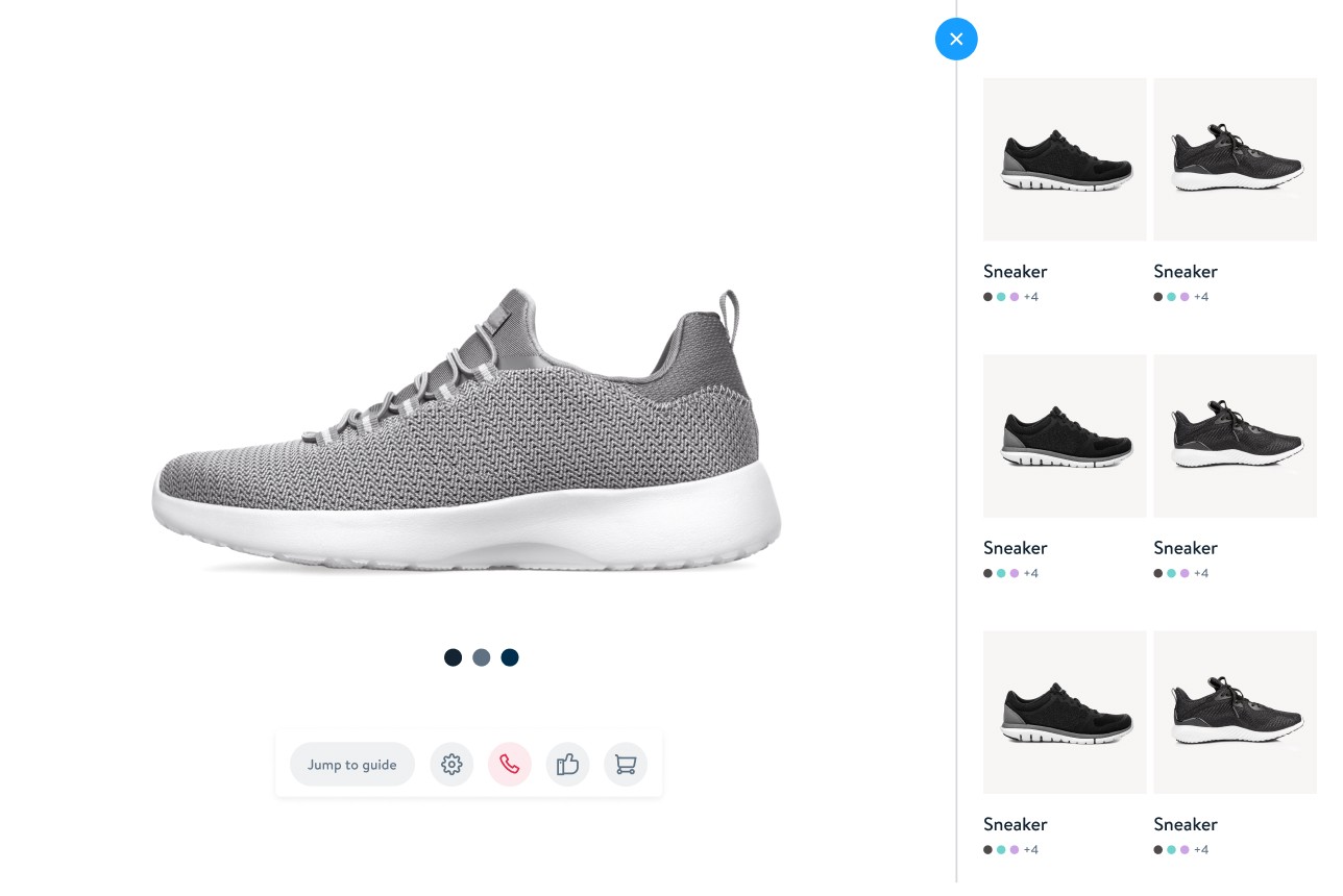 Eine Produktseite mit einem grauen Turnschuh in der Mitte, einer Liste ähnlicher Turnschuhe auf der rechten Seite und Symbolen für verschiedene Aktionen unter dem Hauptbild.
